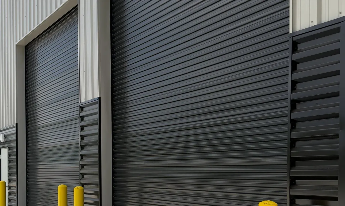 Black rolling steel doors on a two-tone warehouse