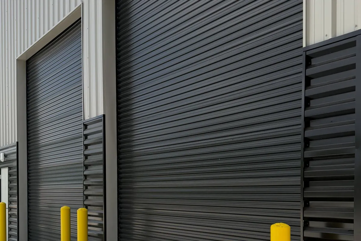 Black rolling steel doors on a commercial warehouse